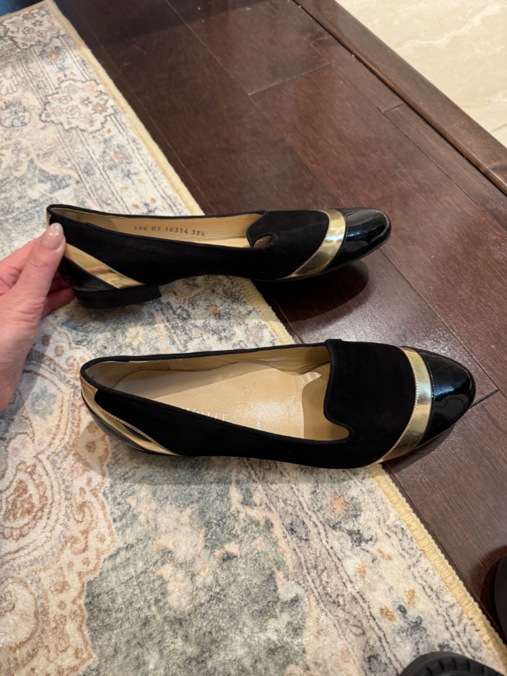 Ron White Black Suede Smoking Loafers with Gold & Patent Trim — Size 39.5 - Picture 3 of 5